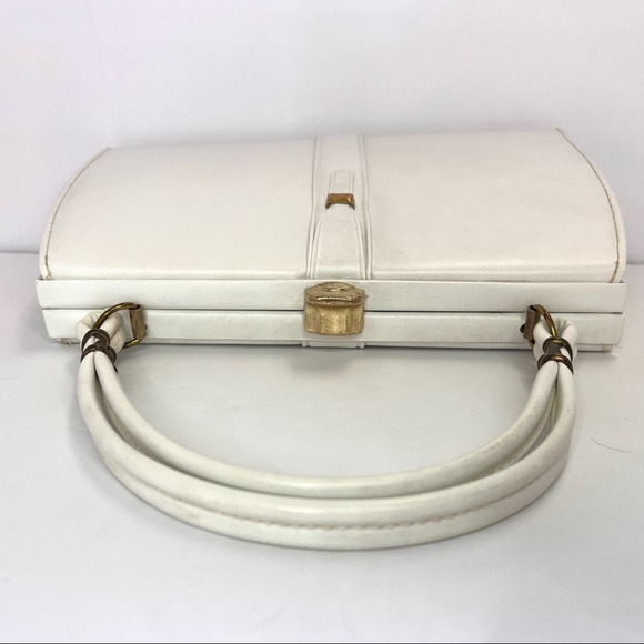 Vintage Madwed White Leather Purse Frame Doctor Bag Gold Tone Metal Closure - Picture 7 of 11